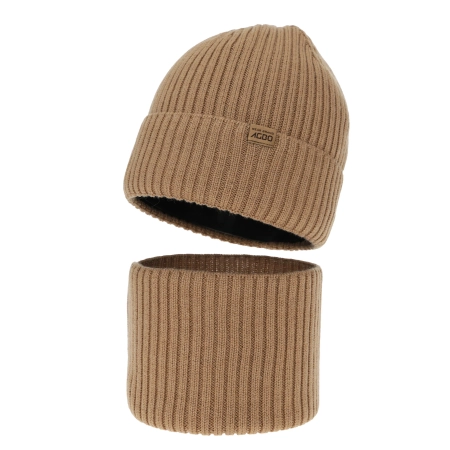 Czapka i komin dla chłopca, zimowy komplet, 100% wełniany merino, z podszyciem z wełny merino, camel Domin-2