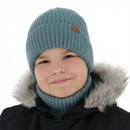 Czapka i komin dla chłopca, zimowy komplet, 100% wełniany merino, z podszyciem z wełny merino, niebieski Domin-1