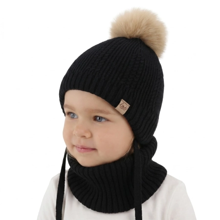 Czapka i komin dla dziewczynki zimowy komplet, czarny, 100% wełniany merino, podszyty wełnianym polarem, wiązany Daniell
