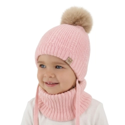 Czapka i komin dla dziewczynki zimowy komplet, różowy, 100% wełniany merino, podszyty wełnianym polarem, wiązany Daniell