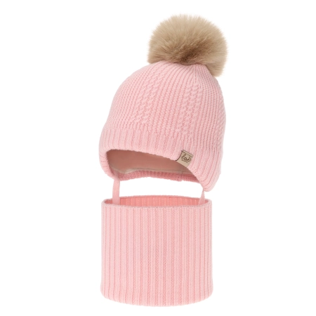 Czapka i komin dla dziewczynki zimowy komplet, różowy, 100% wełniany merino, podszyty wełnianym polarem, wiązany Danielle-2