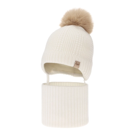 Czapka i komin dla dziewczynki zimowy komplet, biały,100% wełniany merino, podszyty wełnianym polarem, wiązany Danielle-