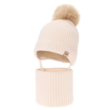 Czapka i komin dla dziewczynki zimowy komplet, jasnoróżowy, 100% wełniany merino, podszyty wełnianym polarem, wiązany Danielle-2