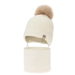 Czapka i komin dla dziewczynki zimowy komplet, kremowy, 100% wełniany merino, podszyty wełnianym polarem, wiązany Daniel