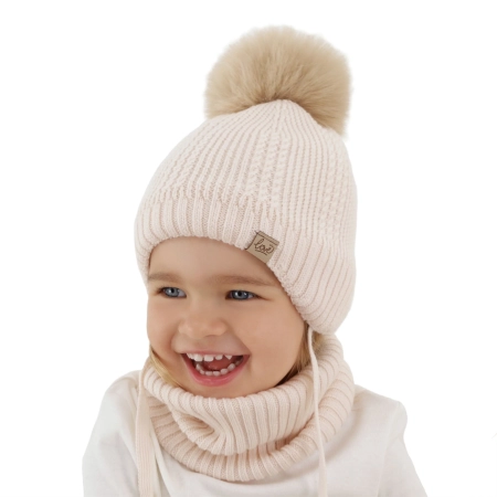 Czapka i komin dla dziewczynki zimowy komplet, kremowy, 100% wełniany merino, podszyty wełnianym polarem, wiązany Danielle-4