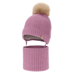 Czapka i komin dla dziewczynki zimowy komplet, fioletowy, 100% wełniany merino, podszyty wełnianym polarem, wiązany Dani