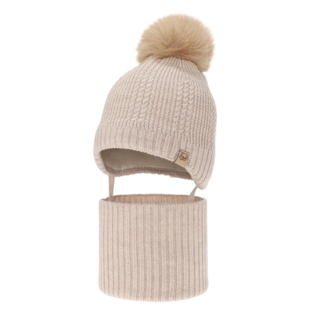 Czapka i komin dla dziewczynki zimowy komplet, beżowy 100% wełniany merino, podszyty wełnianym polarem, wiązany Danielle