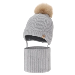 Czapka i komin dla dziewczynki zimowy komplet, szary,100% wełniany merino, podszyty wełnianym polarem, wiązany Danielle-