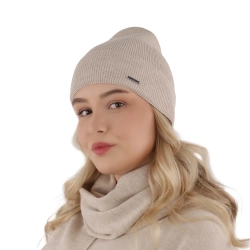 Czapka i szalik damski zimowy komplet, beżowy, 100% wełniany merino Melpomena-1