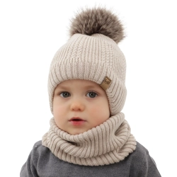 Czapka i komin dla chłopca, zimowy komplet, jasnobeżowy, 100% wełniany merino, podszyty wełnianym polarem, wiązany Danny