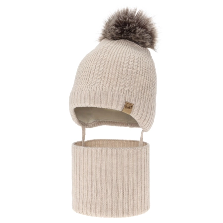 Czapka i komin dla chłopca, zimowy komplet, jasnobeżowy, 100% wełniany merino, podszyty wełnianym polarem, wiązany Danny-3