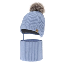 Czapka i komin dla chłopca, zimowy komplet, błękitny, 100% wełniany merino, podszyty wełnianym polarem, wiązany Danny-1