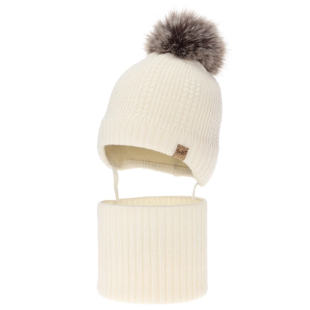 Czapka i komin dla chłopca, zimowy komplet, kremowy, 100% wełniany merino, podszyty wełnianym polarem, wiązany Danny-2