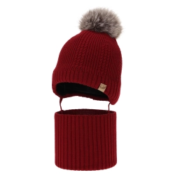 Czapka i komin dla chłopca, zimowy komplet, bordowy, 100% wełniany merino, podszyty wełnianym polarem, wiązany Danny-1