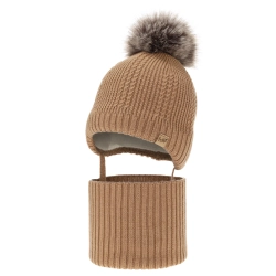 Czapka i komin dla chłopca, zimowy komplet, camel, 100% wełniany merino, podszyty wełnianym polarem, wiązany Danny-1