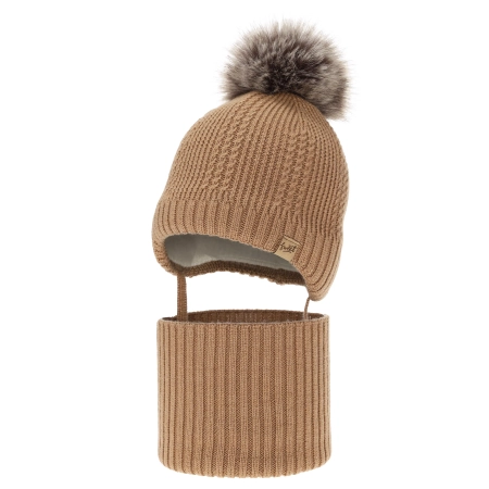 Czapka i komin dla chłopca, zimowy komplet, camel, 100% wełniany merino, podszyty wełnianym polarem, wiązany Danny-1