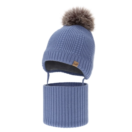 Czapka i komin dla chłopca, zimowy komplet, niebieski, 100% wełniany merino, podszyty wełnianym polarem, wiązany Danny-1