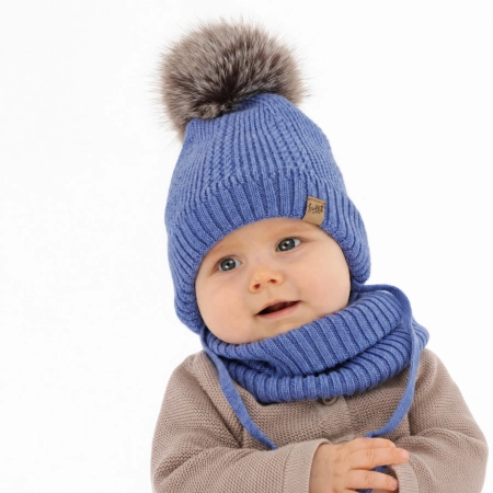 Czapka i komin dla chłopca, zimowy komplet, niebieski, 100% wełniany merino, podszyty wełnianym polarem, wiązany Danny-1