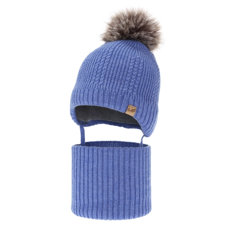 Czapka i komin dla chłopca, zimowy komplet, niebieski, 100% wełniany merino, podszyty wełnianym polarem, wiązany Danny-2