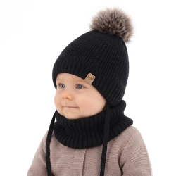 Czapka i komin dla chłopca, zimowy komplet, czarny, 100% wełniany merino, podszyty wełnianym polarem, wiązany Danny-1