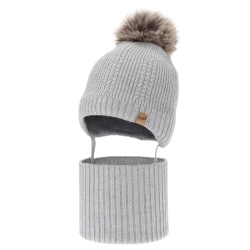Czapka i komin dla chłopca, zimowy komplet, szary, 100% wełniany merino, podszyty wełnianym polarem, wiązany Danny-1
