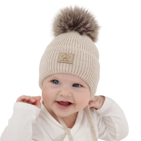 Czapka zimowa dla chłopca, wiązana, 100% wełniana merino, beżowa Jergen-1