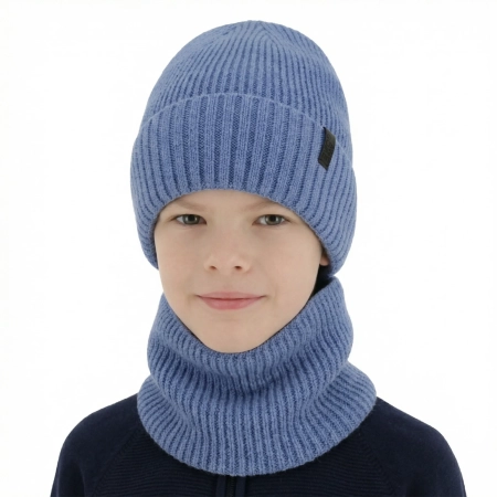 Czapka i komin dla chłopca, zimowy komplet, 100% wełniany merino, z podszyciem z wełny merino, niebieski Harbin-1
