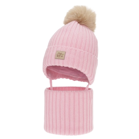 Czapka i komin dla dziewczynki, zimowy komplet, różowy, 100% wełniany merino, wiązany, podszyty bawełną, Malesia-1