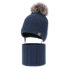 Czapka i komin dla chłopca, zimowy komplet, ciemnoniebieski, 100% wełniany merino, podszyty wełnianym polarem, wiązany D