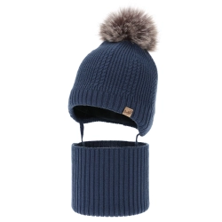 Czapka i komin dla chłopca, zimowy komplet, ciemnoniebieski, 100% wełniany merino, podszyty wełnianym polarem, wiązany D