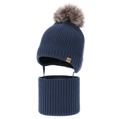 Czapka i komin dla chłopca, zimowy komplet, ciemnoniebieski, 100% wełniany merino, podszyty wełnianym polarem, wiązany D