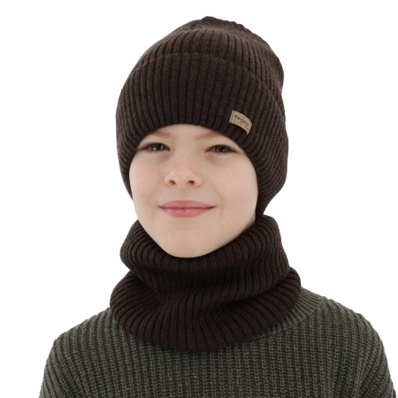 Czapka i komin dla chłopca jesienny, wiosenny komplet, brązowy, 100% wełniany merino Intro-1