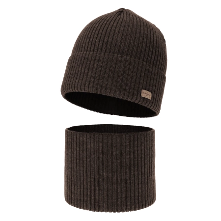 Czapka i komin dla chłopca jesienny, wiosenny komplet, brązowy, 100% wełniany merino Intro-2