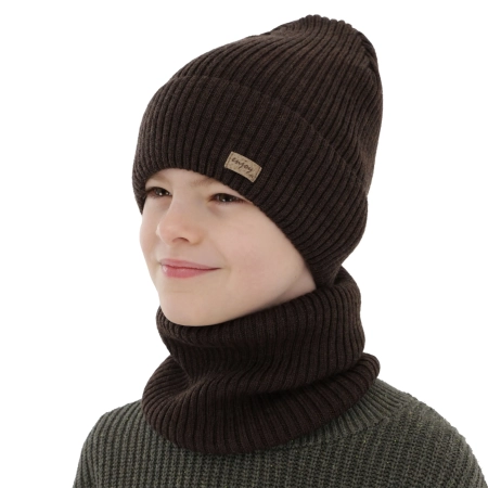 Czapka i komin dla chłopca jesienny, wiosenny komplet, brązowy, 100% wełniany merino Intro-3