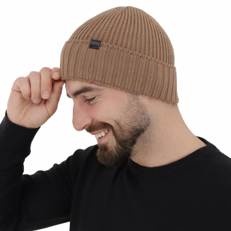 Czapka zimowa męska, camel, 100% wełniana merino, bezszwowa Bruner-3