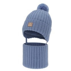 Czapka i komin dla chłopca zimowy komplet, niebieski, 100% wełniany merino,  podszyty bawełną, wiązany Masil-1