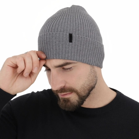 Czapka zimowa męska, szara, 100% wełniana merino, Thorin-3