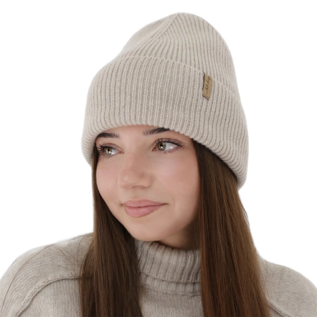 Czapka zimowa damska, jasnobeżowa, wełna merino z kaszmirem, Lomi-4