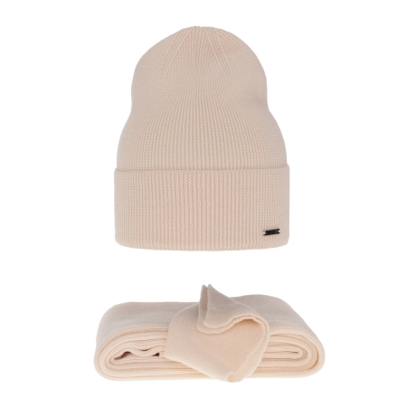 Czapka i szalik damski zimowy komplet, kremowy, 100% wełniany merino Melpomena-1