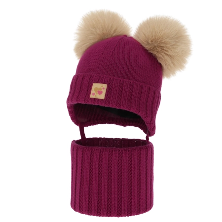 Czapka i komin dla dziewczynki, zimowy komplet, amarantowy, 100% wełniany merino, podszyty polarem wełnianym, Ronia-1