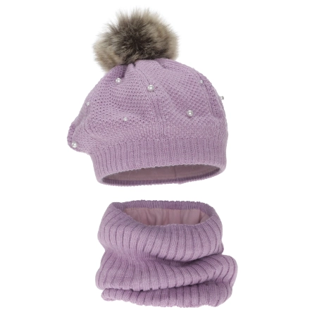 Beret i komin dla dziewczynki, zimowy komplet podszyty polarem, fioletowy, z pomponem Jeanette-1