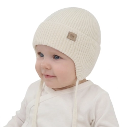 Czapka zimowa, jesienna, wiosenna dla dziewczynki, 100% wełniana merino, wiązana, kremowa Bafra-1