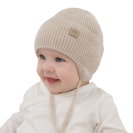 Czapka zimowa, jesienna, wiosenna dla dziewczynki, 100% wełniana merino, wiązana, beżowa Bafra-1