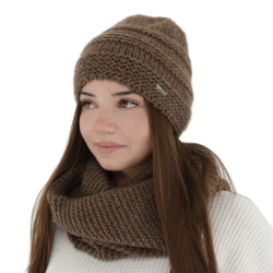 Czapka i szalik komin, zimowy komplet, brązowy, z wełną merino, Driva-1