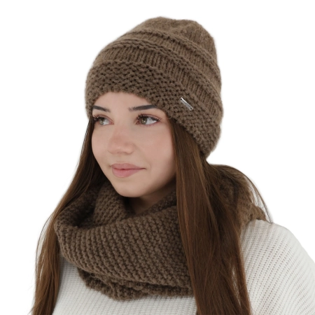 Czapka i szalik komin, zimowy komplet, brązowy, z wełną merino, Driva-1