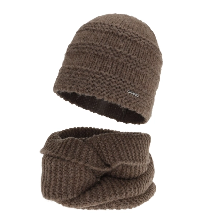 Czapka i szalik komin, zimowy komplet, brązowy, z wełną merino, Driva-2
