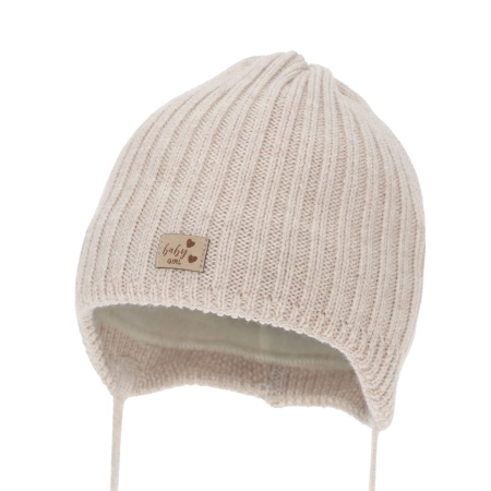 Czapka zimowa dla dziewczynki, beżowa, 100% wełniana merino, podszyta polarem merino, wiązana Buma-2
