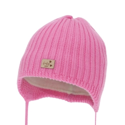 Czapka zimowa dla dziewczynki, różowa, 100% wełniana merino, podszyta polarem merino, wiązana Buma-1