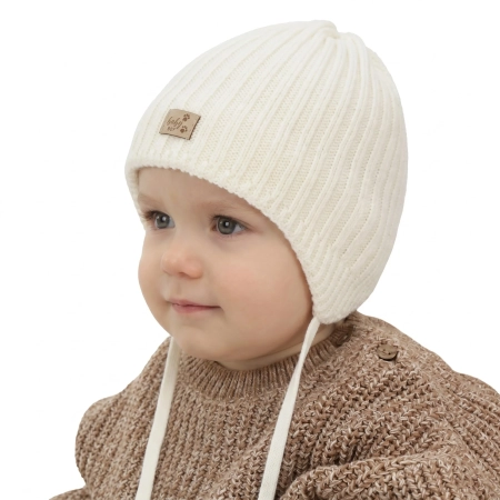 Czapka zimowa dla chłopca, biała, wiązana, 100% wełniana merino, podszyta polarem merino, Buno-1