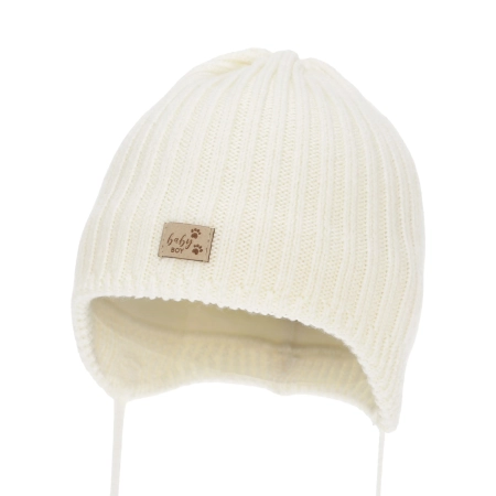 Czapka zimowa dla chłopca, biała, wiązana, 100% wełniana merino, podszyta polarem merino, Buno-2